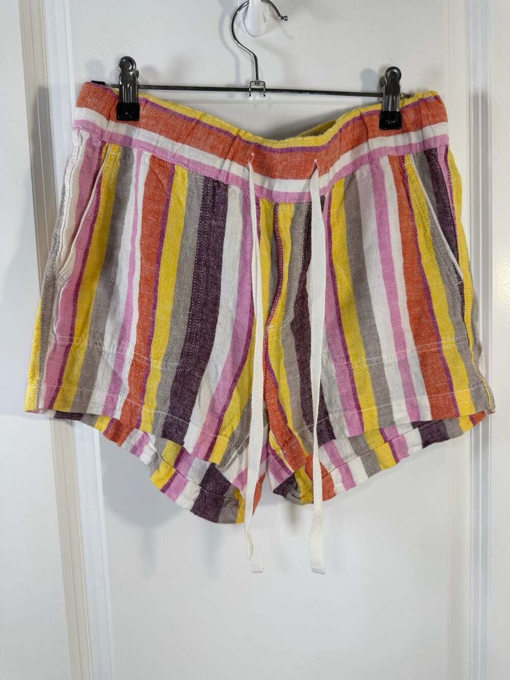 Caslon Petite Multi-Color Striped Linen-Blend Drawstring Shorts